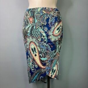 Sunny Leight Petites Blue Paisley Tulip Hem Faux Wrap Midi Pull On Skirt Size PL